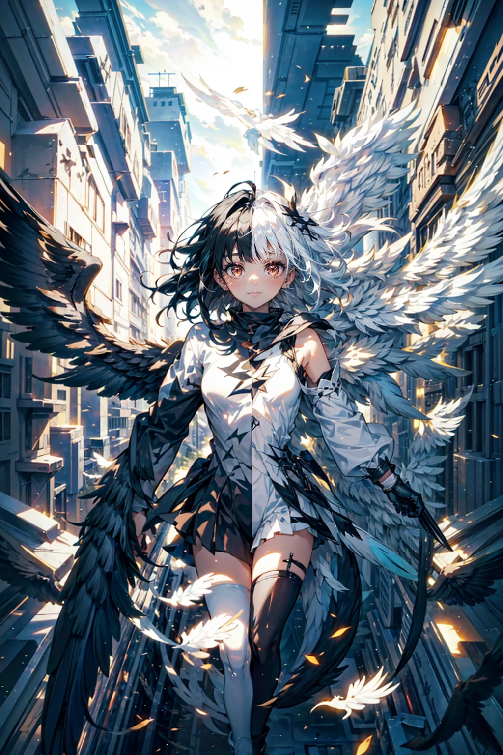 1girl,solo,cute and cool,half and half,left is black hair,right is white hair,right is black wing,left is white wing,left_right
