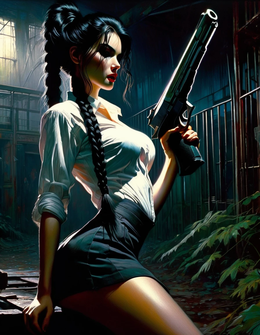 very sexy girl, braids, black hair, miniskirt, stockings, semi-open transparent white shirt, with a gun, blood, in an abandoned amusement park, abandoned attractions among vegetation. (art inspired in Bill Sienkiewicz). oil painting)
