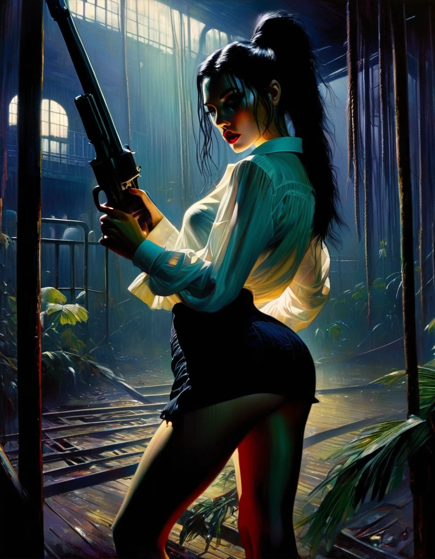 very sexy girl, braids, black hair, miniskirt, stockings, semi-open transparent white shirt, with a gun, blood, in an abandoned amusement park, abandoned attractions among vegetation. between shadows, oil painting, chiaroscuro, sensual, dramatic lighting, moody atmosphere, photorealistic, intricate details, masterpiece, ultra-detailed, high quality, 8k, best quality, realistic, cinematic, dark and brooding, expressionistic, powerful composition, emotional impact, Bill Sienkiewicz inspired art
