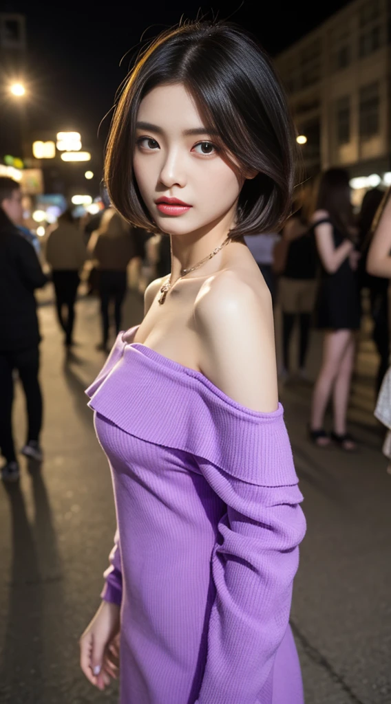 The 8k quality、Top image quality、超A high resolution、masterpiece、Photorealsitic、1 girl in、tense look、Trendy makeup、bob cuts、(((purple off shoulder dress)))、A sexy、ciinematic light、The protagonist、the chaos、Super Slender、(g-cup)、((Do not wear underwear))、in a crowd of people、Number of people who are about to be crushed、Dynamism、a necklace、Magazine covers、Focus only on the main character、The best looks in the world、a closeup