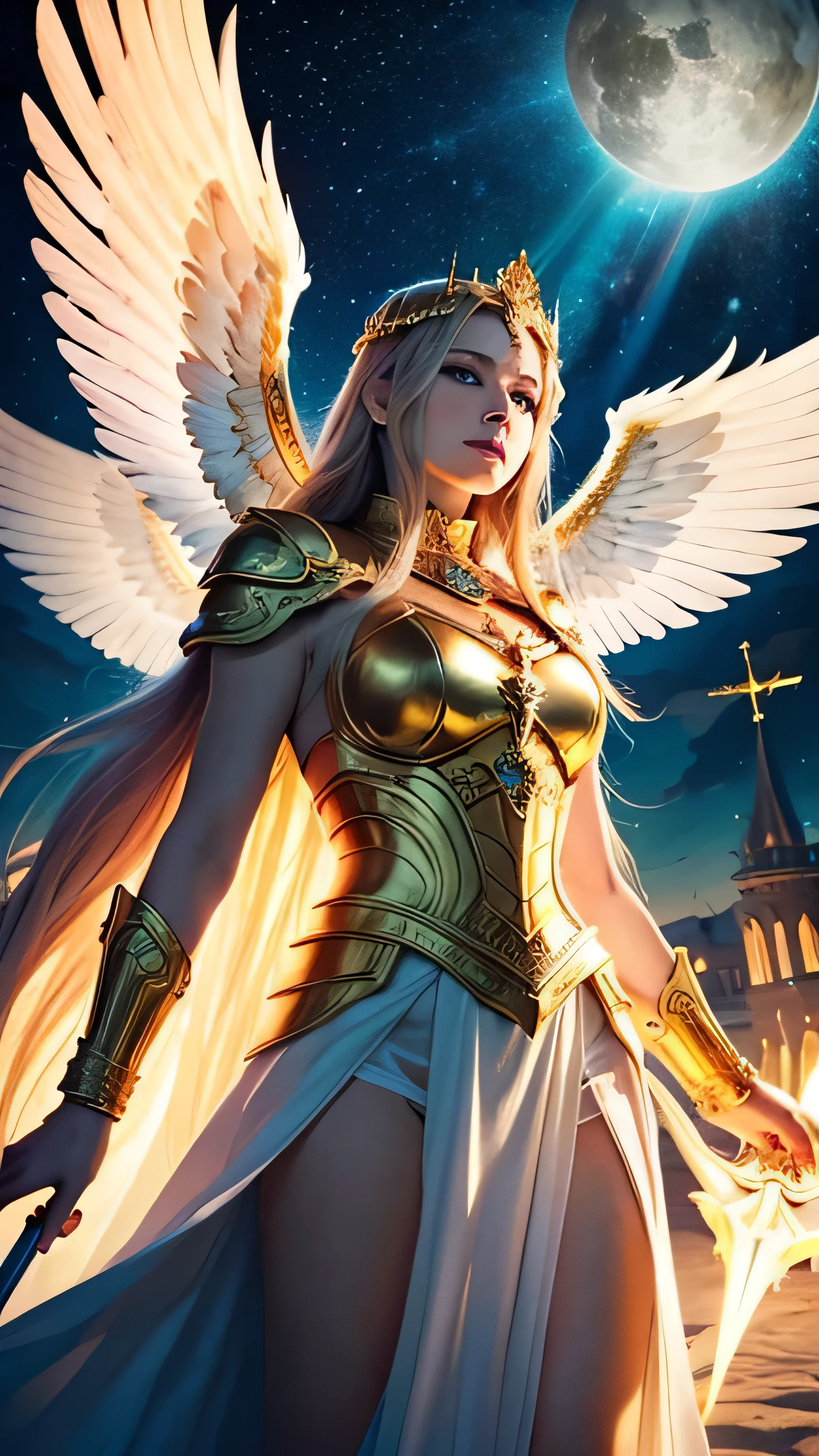 Create an ultra-realistic and imposing depiction of a female Archangel Michael, a powerful and revered figure in various religious traditions.

**Overall Appearance**:
- **Height**: Tall and commanding, far taller than an average human.
- **Body Type**: Muscular yet graceful, exuding strength and elegance.
- **Aura**: Surrounded by a glowing, divine aura, symbolizing her holy nature.

**Facial Features**:
- **Face**: Beautiful and noble, with a strong jawline and high cheekbones. Her expression is calm and resolute, radiating a sense of justice and protection.
- **Eyes**: Bright, piercing blue eyes that convey wisdom and unwavering determination.
- **Hair**: Long, flowing golden hair that shines with a divine light, cascading down her back and shoulders.

**Attire**:
- **Armor**: Wearing ornate, golden armor that is both protective and majestic. The armor is intricately designed with angelic symbols and motifs, reflecting her heavenly origin.
- **Cape**: A long, flowing red cape that billows behind her, adding to her regal and heroic appearance.
- **Accessories**: Adorned with a golden halo above her head and a jeweled cross necklace around her neck.

**Wings**:
- **Angel Wings**: Large, magnificent white wings that extend from her back, covered in soft, glowing feathers. The wings are powerful and majestic, symbolizing her angelic nature and ability to soar through the heavens.

**Weapons**:
- **Sword**: Holding a large, radiant sword that glows with divine light. The sword is intricately designed, with angelic runes and a sharp, gleaming blade, symbolizing her role as a warrior of God.

**Illustration Image**:
- **Background**: A celestial and heavenly setting, possibly with clouds, light rays, and a radiant sky. The background should convey a sense of divine presence and ethereal beauty.
- **Color Palette**: Dominated by shades of gold, white, and blue, emphasizing her divine and heroic nature.
