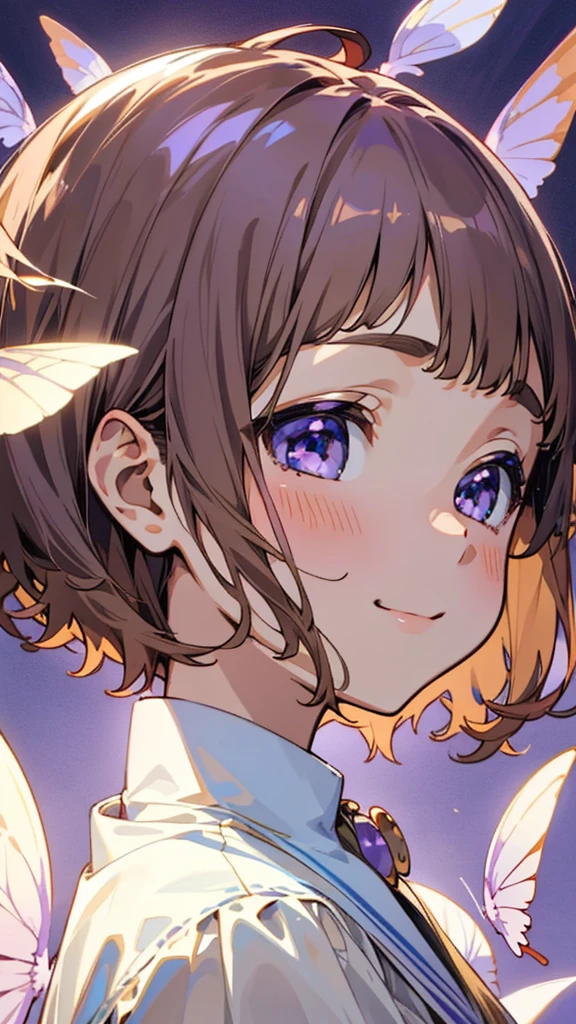 （Highest quality，masterpiece，Surreal），美しい light brown hair、beautiful purple beautiful eyes、short hair、Transparent Hair、Translucent hair、smile、profile、Upper body close-up、Beautiful and delicate girl portrait，Playful and cute，Background with fluttering petals，