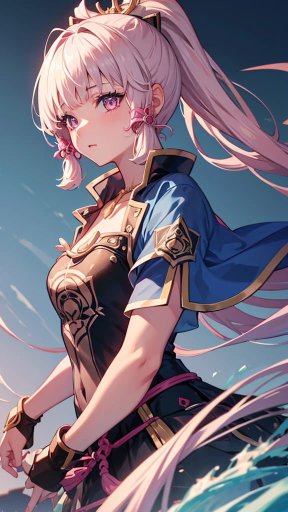 One girl, High resolution, Gaze, Earrings, Pink eyes, 最high quality, High-resolution model, high quality, chest, Character profile, anime, Character Design, Long Hair, bangs, Blonde,