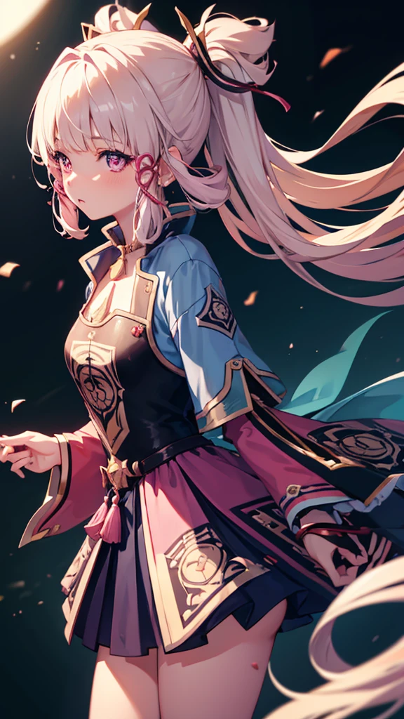 One girl, High resolution, Gaze, Earrings, Pink eyes, 最high quality, High-resolution model, high quality, chest, Character profile, anime, Character Design, Long Hair, bangs, Blonde,