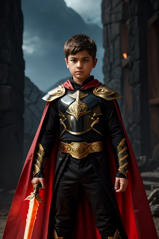 Shota with an imposing presence. His half-naked armor, forged from obsidian and gold, clings to his sinewy frame. Red gemstones blaze like malevolent eyes across his chestplate. A circlet rests upon his brow, marking him as both ruler and tyrant. His cape, crimson as spilled blood, billows behind him—a dark banner of conquest.