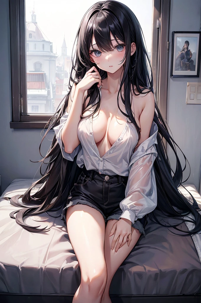 ((Highest quality))、((masterpiece))、(detailed)、((Anatomically correct))、(High resolution、8k)、(Beautiful Skin:1.1)、One woman、Look at me、Shiny black hair、long hair、Straight Hair、(Beautiful eyes:1.2)、White camisole、Erect nipples、Shorts、White Room、stuffed toy、window
