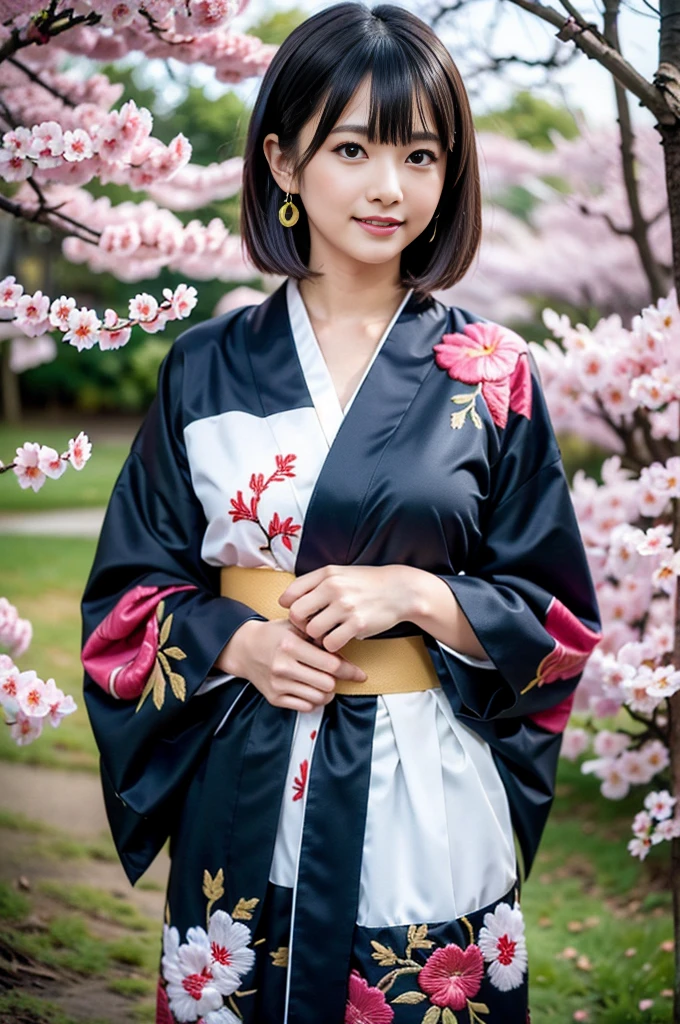(Emo art:1.6),(8k, RAW Photos, Highest quality, masterpiece:1.3),(Realistic:1.25), High resolution, 超High resolution, dynamic,(colorful:1.35) , Light blooming effect,(Blurred Background), break 1 girl, alone,(Perfect Face:1.2),Representing a beautiful and elegant woman,(Very beautiful woman standing),(Wide Shot:1.2),Big Breasts ,Nipples ,Intricate details, Adorable, Vibrant, Playful, (Perfect hands, Fine hand, Perfect Eyes, Detailed eyes),(great joy:1.3),(Improve:1.2), (Sunburned skin:1.1),(Realistic Skin and Hair Texture, Beautiful in every detail & Gloss & significantly),(Short, straight amber hair:1.3),(Striped Hair),Long, narrow eyes, Nose face ,Beautifully protruding chin,(High nose),((Long Bangs:1.3)),Enchantingな, Decorated, Charm,Enchanting, Enchantingな, stylish, dizzying,(Healthy Body:1.2), break ((Fancy costumes:1.6),(Traditional kimono with colorful and shiny luxury Japan:1.4),(Luxury Japanese kimono:1.4,Pale-colored Japanese kimono ,Detailed embroidery:1.4)),(Cherry blossom earrings and necklaces、As a hair accessory:1.3),break (Wind:1.4),Browsing Caution:1.0,(Scattering cherry blossoms:1.6),(Cherry blossom trees),(Cherry blossom petals fluttering, SakuraFubuki),(Highly detailed scene background), Blur the background,Mix 4,