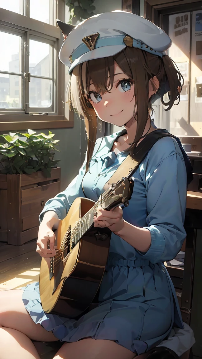 masterpiece, Highest quality, High resolution, Very detailed,(((Schwarzgran))), (((I have a guitar。)))、(((indoor)))、(((smile)))、(((window)))、sunny, Horse ears, White Beret