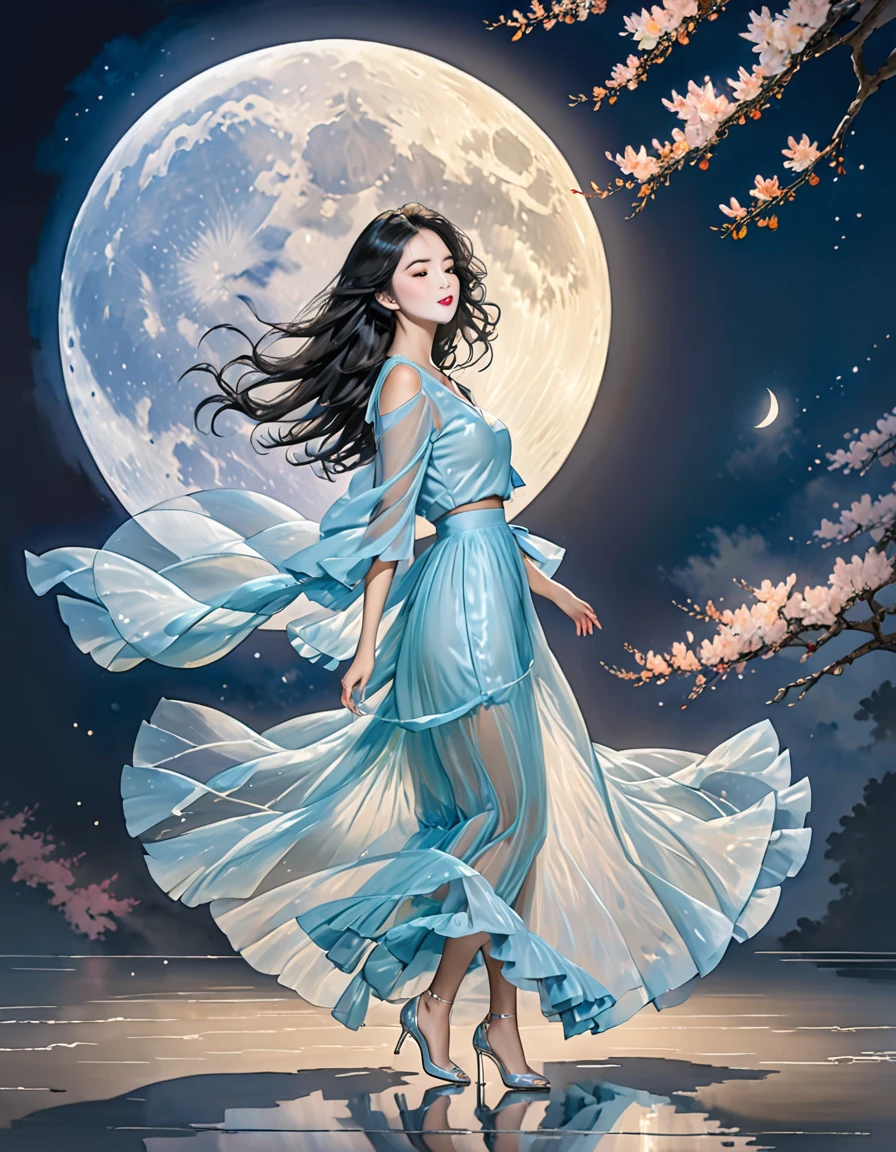 Her black hair, luxurious, Wavy, Falling gracefully on her shoulders,Flowing gently across her face, Give it charm.Transparent long skirt,Stiletto heel,Full Moon,full-body shot,
