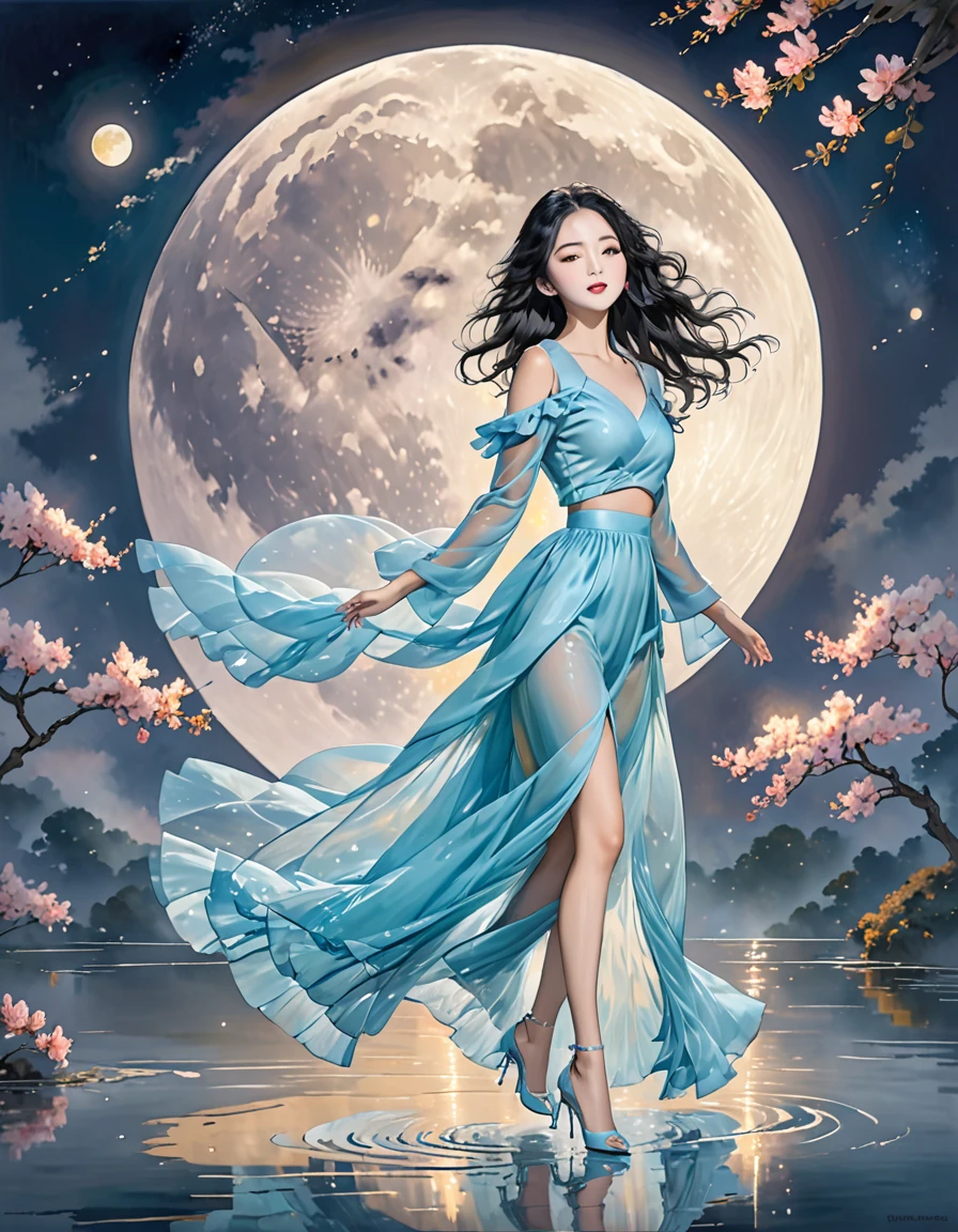 Her black hair, luxurious, Wavy, Falling gracefully on her shoulders,Flowing gently across her face, Give it charm.Transparent long skirt,Stiletto heel,Full Moon,full-body shot,
