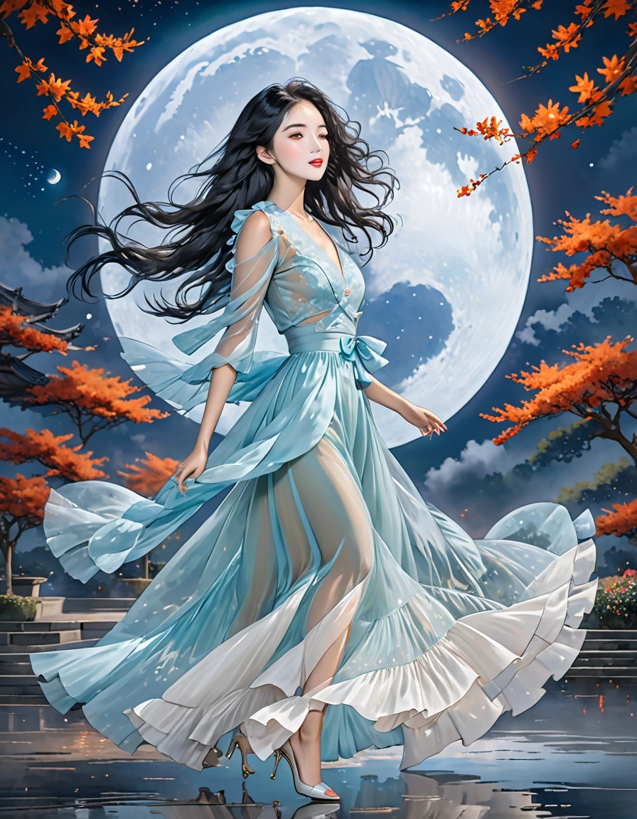 Her black hair, luxurious, Wavy, Falling gracefully on her shoulders,Flowing gently across her face, Give it charm.Transparent long skirt,Stiletto heel,Full Moon,full-body shot,