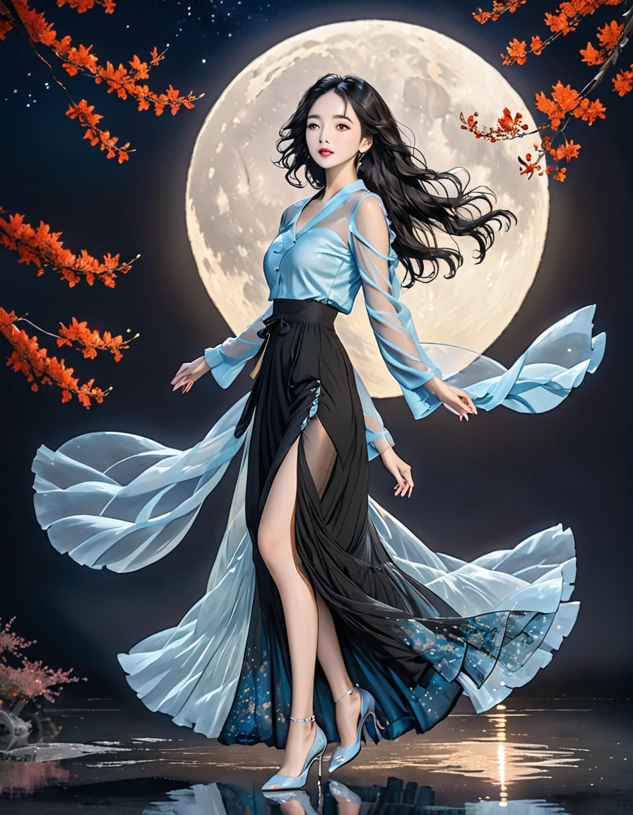 Her black hair, luxurious, Wavy, Falling gracefully on her shoulders，Flowing gently across her face, Give it charm.Transparent long skirt，Stiletto heel，Full Moon，full-body shot，
