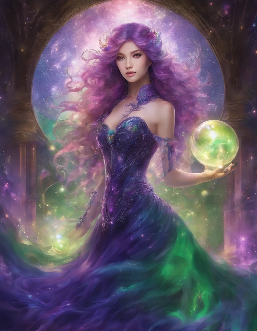 master part, best quality, 1girl, with long iridescent hair flowing in shades of purple, azul, e verde, vestindo um elegante bodysuit preto, in a dramatic pose with one hand on his hip and the other holding a glow, magic crystal ball. In the background, A whirlwind of light and energy adds to the mysterious and enchanting atmosphere of the scene. Cabelos brilhantes, cabelos multicoloridos