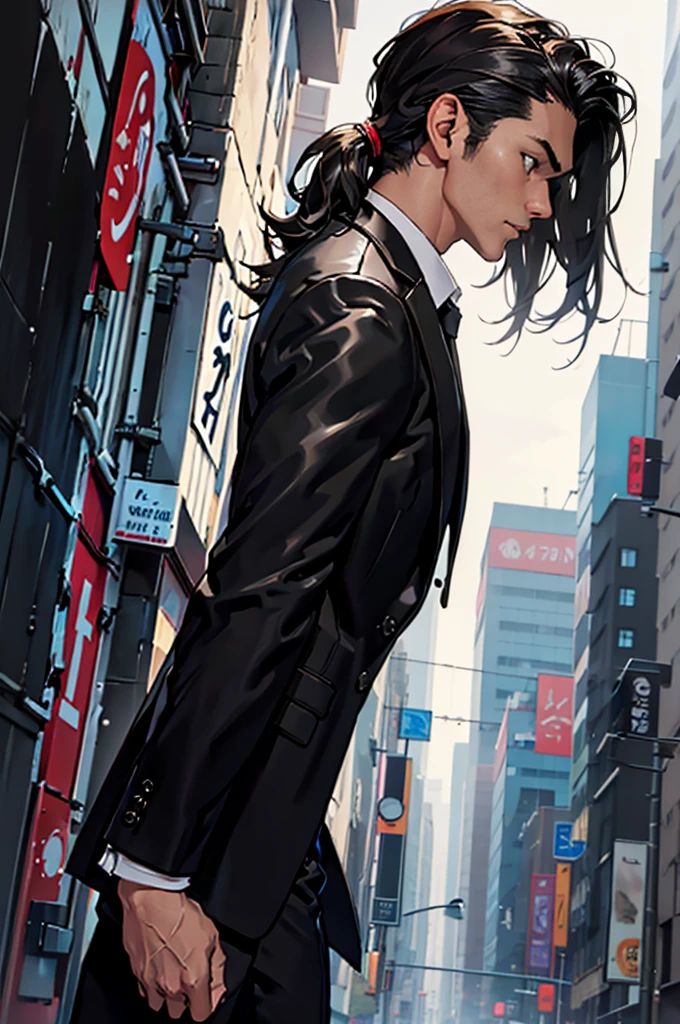 1male, dude, young adult, 25yr, city background, cold stare, dead eyes, masterpiece, best quality, highly detailed,((suit, black jacket, black pants, black suit, white shirt, tight white shirt, business suit, unbuttoned shirt)), ((leather boots, militaristic boots, black boots)), long hair, brown hair, ((upper body:1.5)), ((side view:1.2))