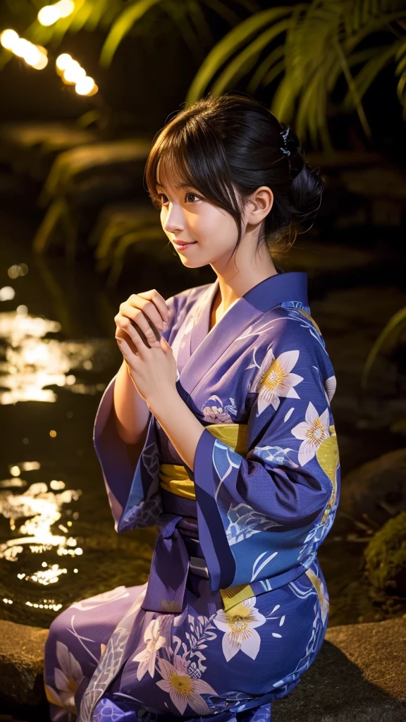 A beautiful woman watching fireflies by a stream at night,Nahida_Genshin Impact, Cross-shaped eyes yukata yukata