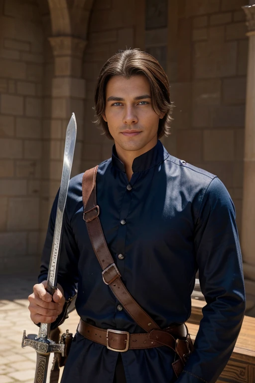 [masterpieces] blue eye, good-looking male, detailed smile happy face, attractive young man age 27, chiseled jawline, clear masculine face, dark brown sleek layered hairstyle hair, standing in historical western knight uniform, holding a sword at right hand, background historical castle year 900