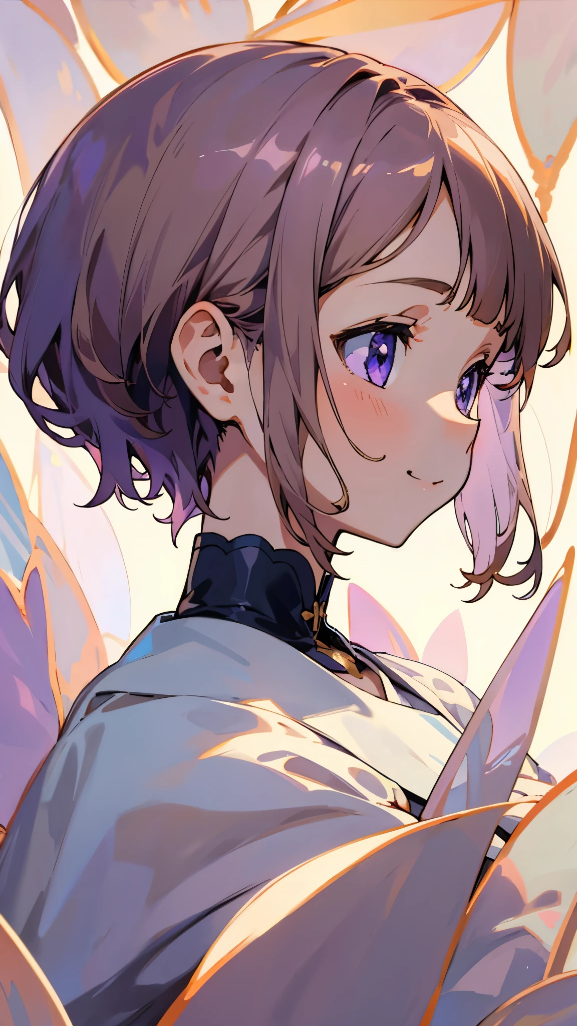 （Highest quality，masterpiece，Surreal），美しい light brown hair、beautiful purple beautiful eyes、short hair、Transparent Hair、Translucent hair、smile、profile、Upper body close-up、Beautiful and delicate girl portrait，Playful and cute，Background with fluttering petals，