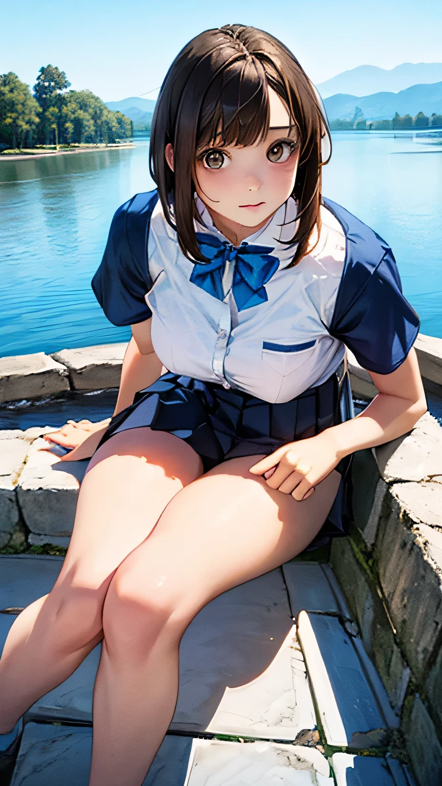 (masterpiece:1.2, Highest quality), (Realistic, photoRealistic:1.4), Beautiful illustrations, (Natural Side Lighting, Cinema Lighting),
View your viewers, 1 girl, Japanese, girl, 12 years old, Pete and symmetrical face, Glowing Skin, thin,
(Mid-length hair:1.2, Half Up:1.4, Light brown hair), Asymmetrical bangs, Brown eyes, Long eyelashes, (Mid-chest:0.7),
Beautiful Hair, Beautiful Face, Beautiful details, Beautiful clavicle, Beautiful body, Beautiful breasts, Beautiful thighs, Beautiful feet, Beautiful fingers, (((Panties are visible))) ((Very large saggy tits)), ((In underwear、White lace underwear))((Fullback panties))Underarm , Slightly , Very large breasts, Full body angle, 14-year-old female , Thick thigh((Dled ch texture, Short sleeve white collar shirt, Blue pleated mini skirt, Blue bow tie)),
(Beautiful views), evening, (River side), Are standing, (cute, cute smile, Upward glance),