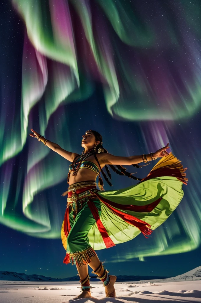 A beautiful and elegant goddess dancing while causing the northern lights while a tribe of indigenous people look at her in amazement and hope