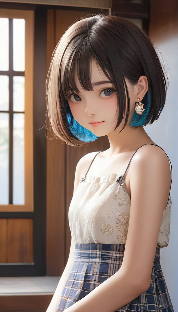 (masterpiece, Highest quality:1.2), One girl, alone,bony body、、fluffy bob cut、Earrings