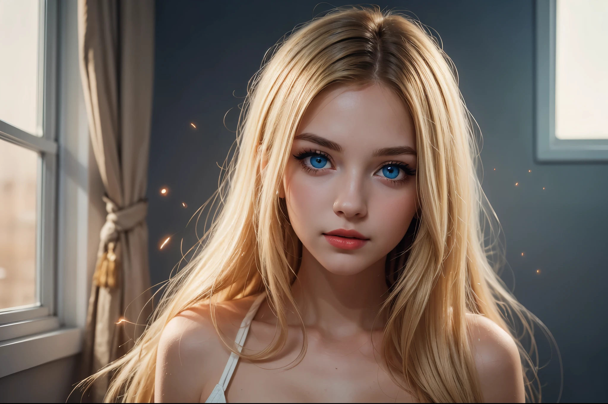 (Best quality,8k,high resolution,masterpiece:1.2)，Digital Artwork，A girl，Delicate face，Delicate eyes，Mi blonde hair，Long straight hair，shiny blue eyes，Red lips，particle，dust，Warm colors，shy，in love，Eevee drawing，Men&#39;s white collar shirt，necklace，Pretty Face，Large Breasts，Cleavage，more than_Body，Tyndall effect，lifelike，Dark Studio，(HD Skin:1.2)，8k Ultra HD，Soft Light，high quality，Edge lighting，Two-color lighting，Volumetric Lighting，frank，Professional photography，超high resolution，8k，Bokeh，Shallow depth of field，Film photos