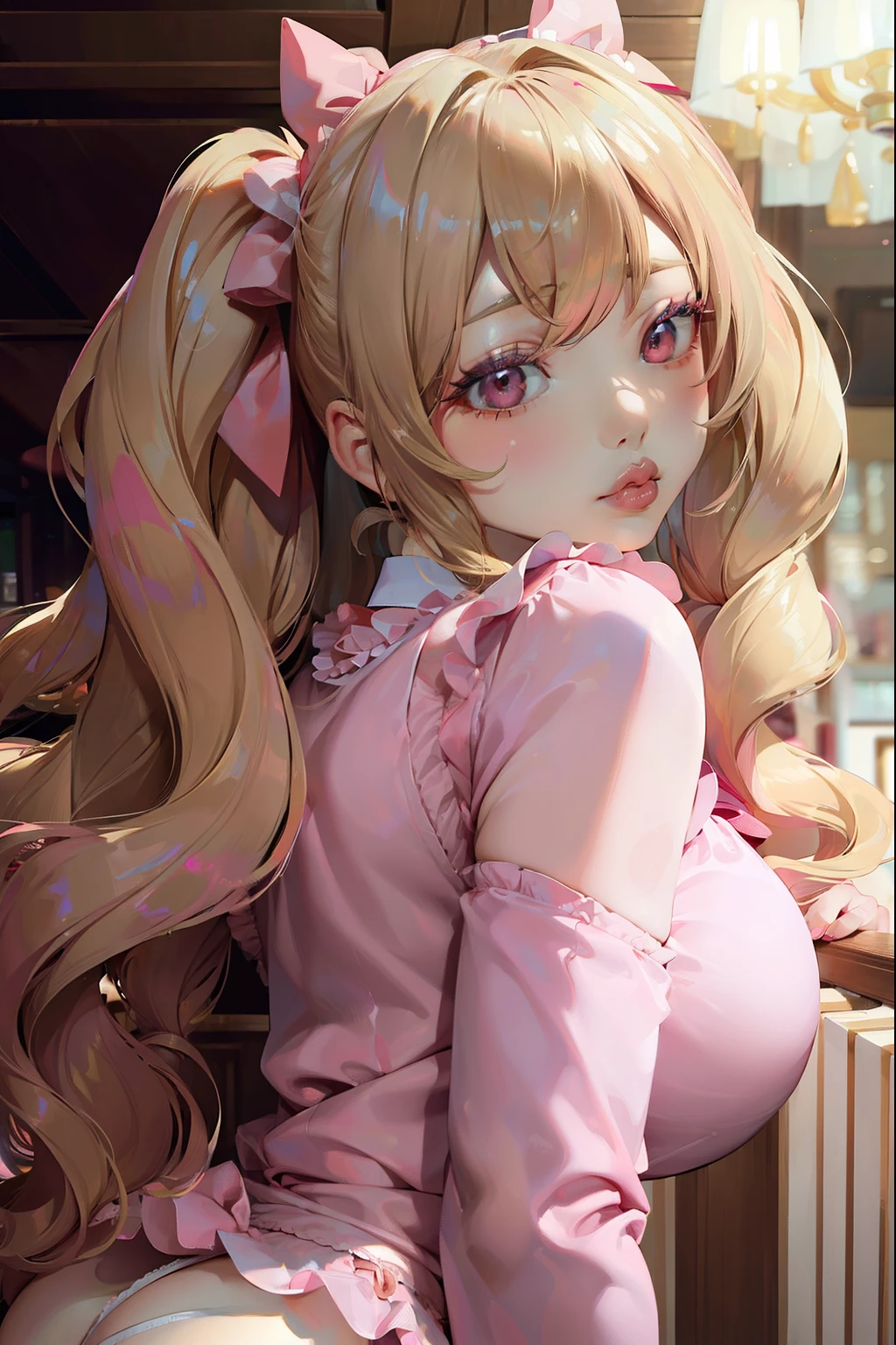  (masterpiece:1.2), super detailed, massive , big ass, juicy lips, big lips, massive lashes, long blonde hair, twin tails, hair down, pink bow, pink clothes, from below,