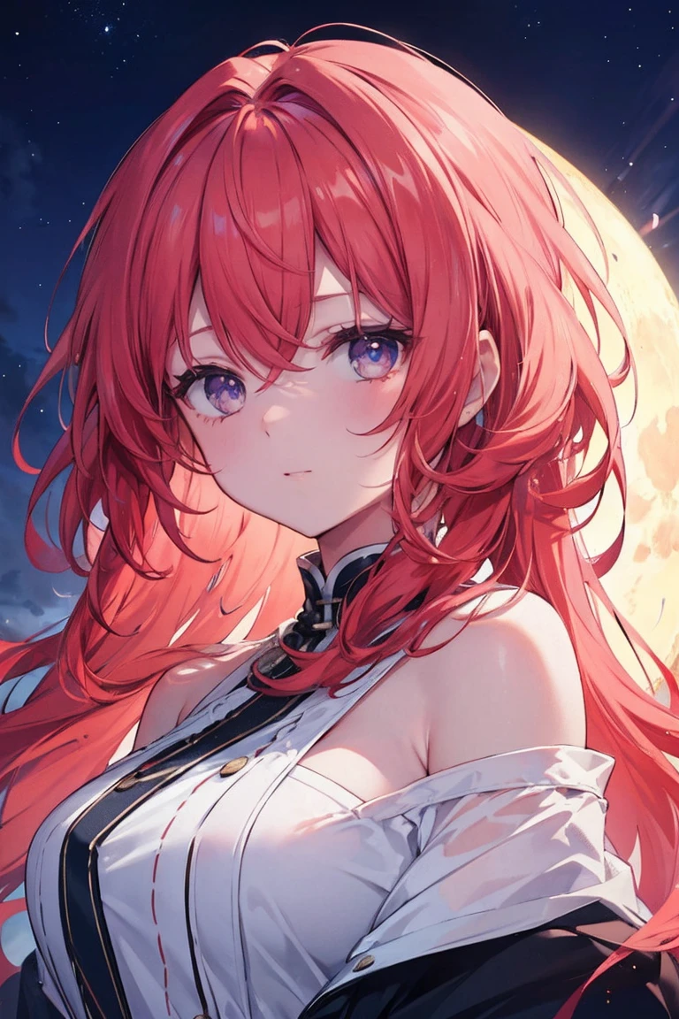 (masterpiece、8k、Highest quality)、(Soft Light:1.3), Detailed face, Beautiful Eyes,Big Moon(Support Hair)、Red Hair、Multi-colored hair、Bright Eyes、Night Sky