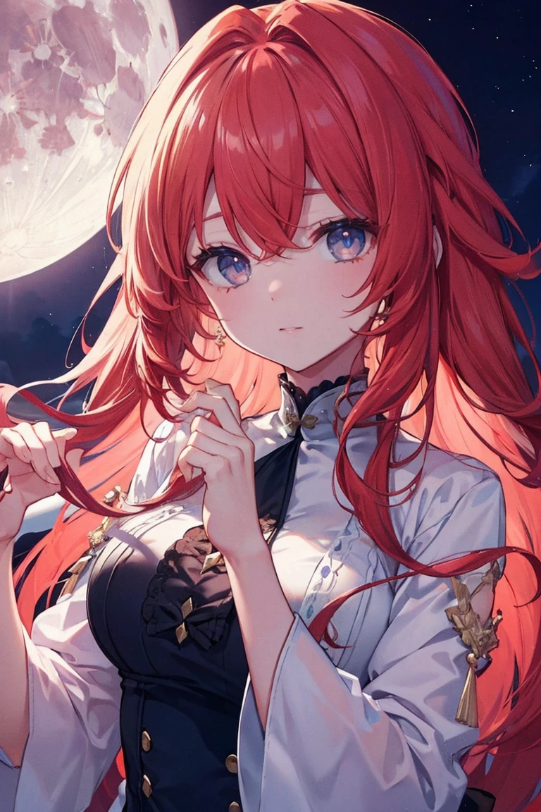 (masterpiece、8k、Highest quality)、(Soft Light:1.3), Detailed face, Beautiful Eyes,Big Moon(Support Hair)、Red Hair、Multi-colored hair、Bright Eyes、Night Sky