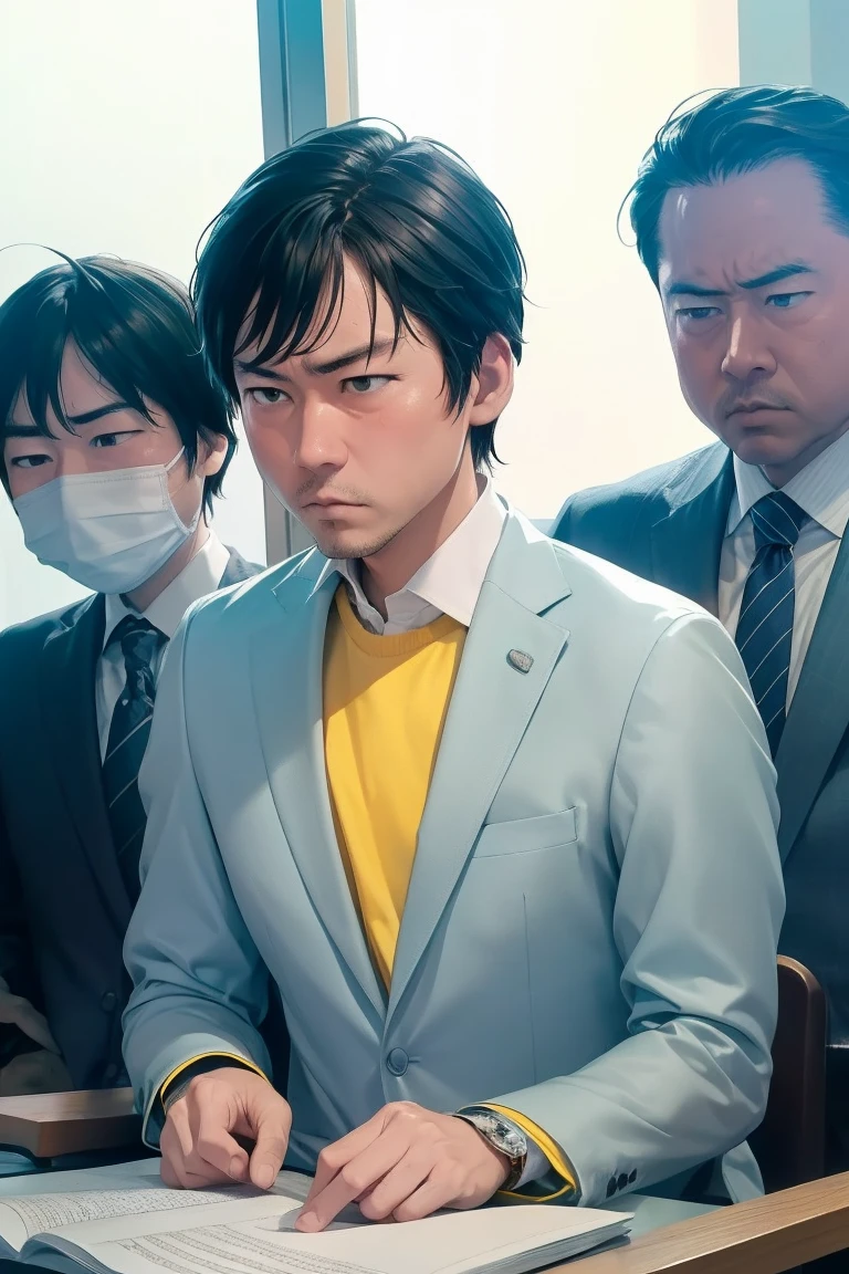 boy, alone, ((Light blue suit))、((Yellow Shirt)), lawyer, (Court), (trial), ((Witness examination)), Legal Book, document, Court内, Tension, justice, Serious expression、Exaggerated attitude, 