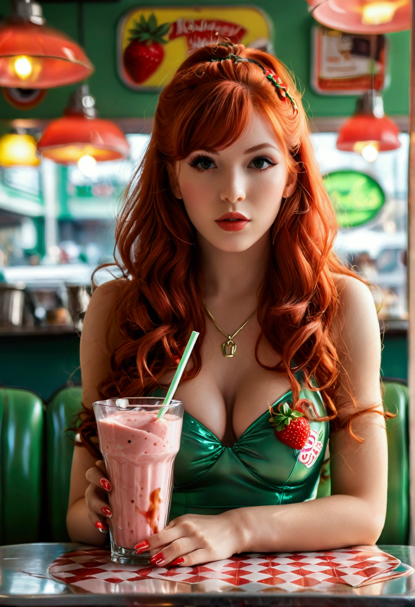 ultra realistic, photography, long red hair, girl, 24 years old, hourglass figure, perfect body, natural medium breasts, Flirty look, extremely detailed artgerm, in the style artgerm, facing the camera, lens 35 mm, blur background, in a 60s diner, sitting at a table, strawberry milkshake, green cheerleader outfit