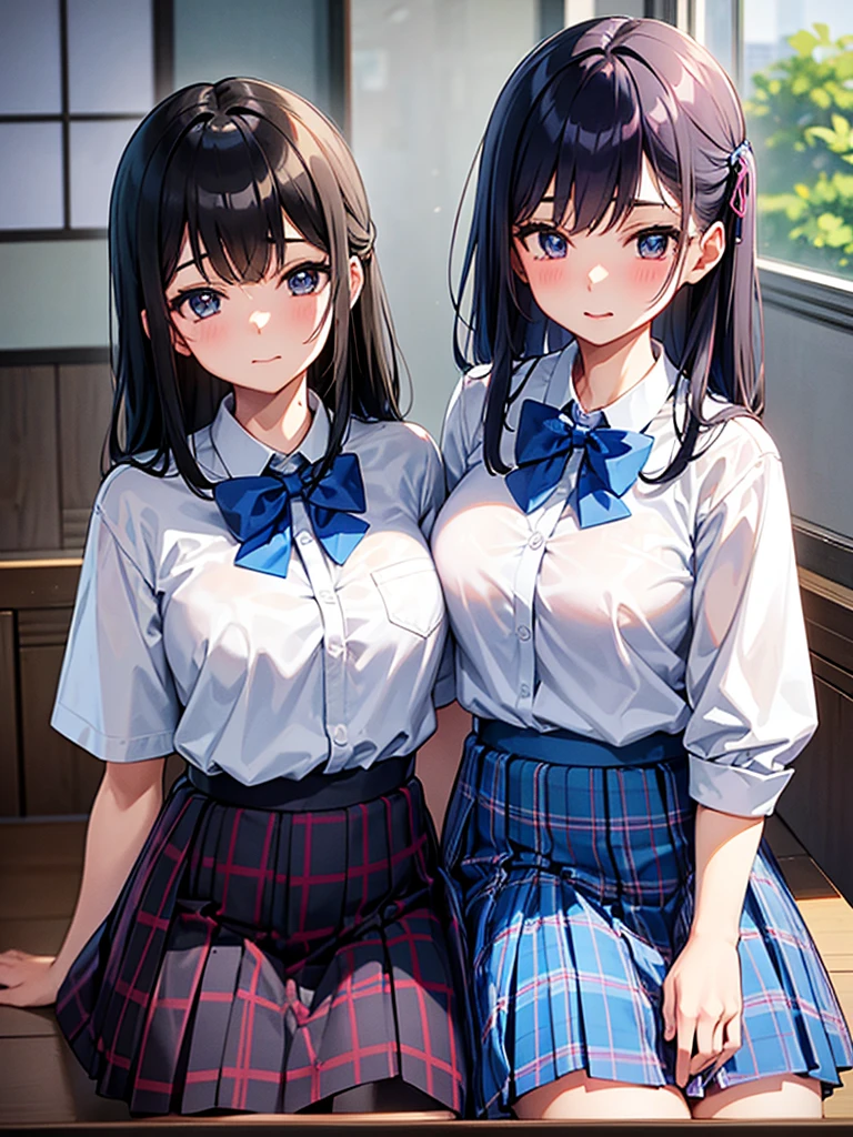 He'He is wearing a blue checked bow tie and leaning forward.., hi-school girl, School Ribbon, Cute , School Girl, Japan , ポーズをとるhi-school girl, a japanese girl, Hi-school girl outfit, Japanese Models, wearing japanese , blue plaid skirt 4K