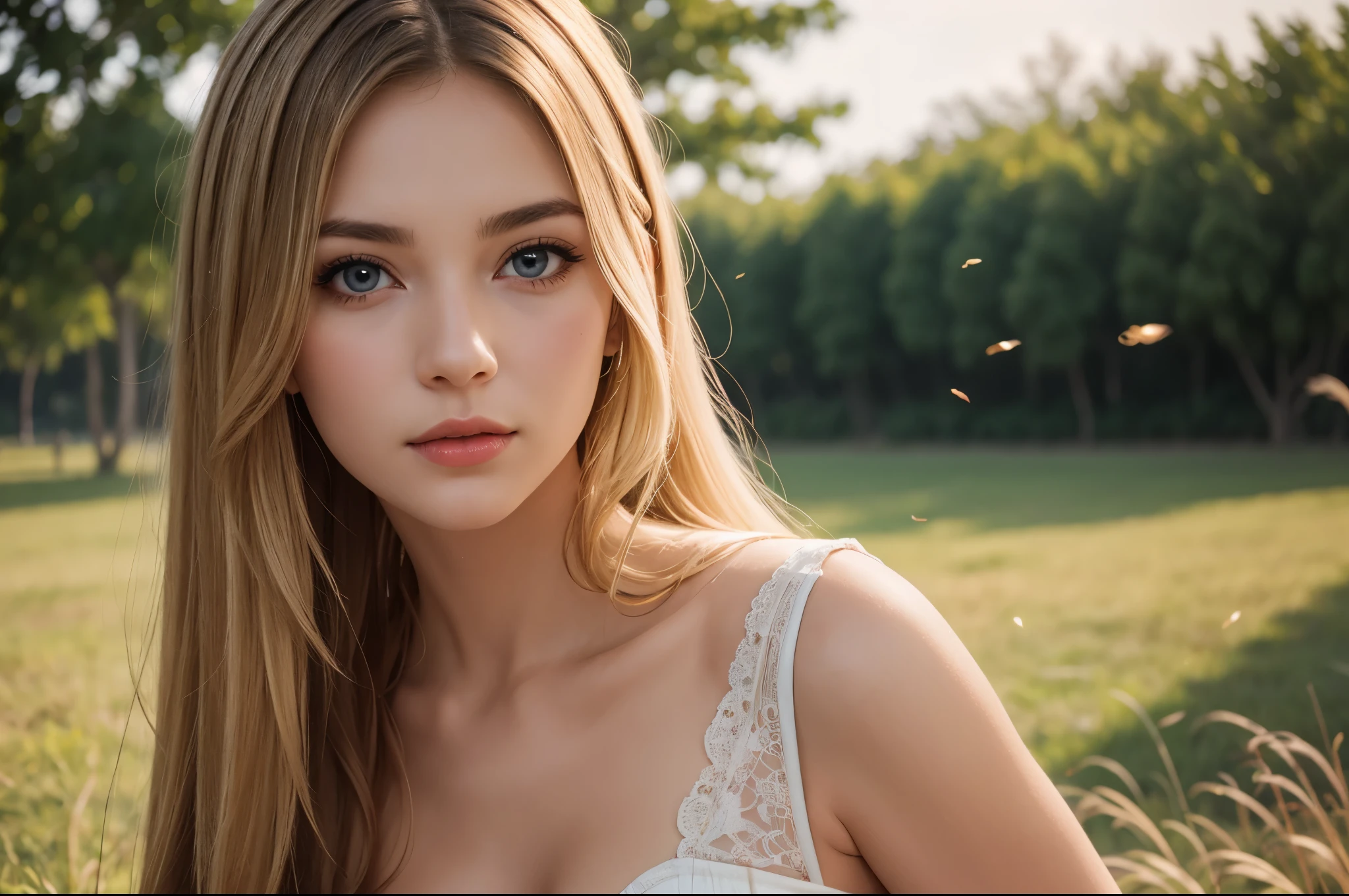 (Best quality,8k,high resolution,masterpiece:1.2)，Digital Artwork，A girl，Delicate face，Delicate eyes，Mi blonde hair，Long straight hair，shiny blue eyes，Red lips，particle，dust，Warm colors，shy，in love，Eevee drawing，Men&#39;s white collar shirt，necklace，Pretty Face，Large Breasts，Cleavage，more than_Body，Tyndall effect，lifelike，Dark Studio，(HD Skin:1.2)，8k Ultra HD，Soft Light，high quality，Edge lighting，Two-color lighting，Volumetric Lighting，frank，Professional photography，超high resolution，8k，Bokeh，Shallow depth of field，Film photos