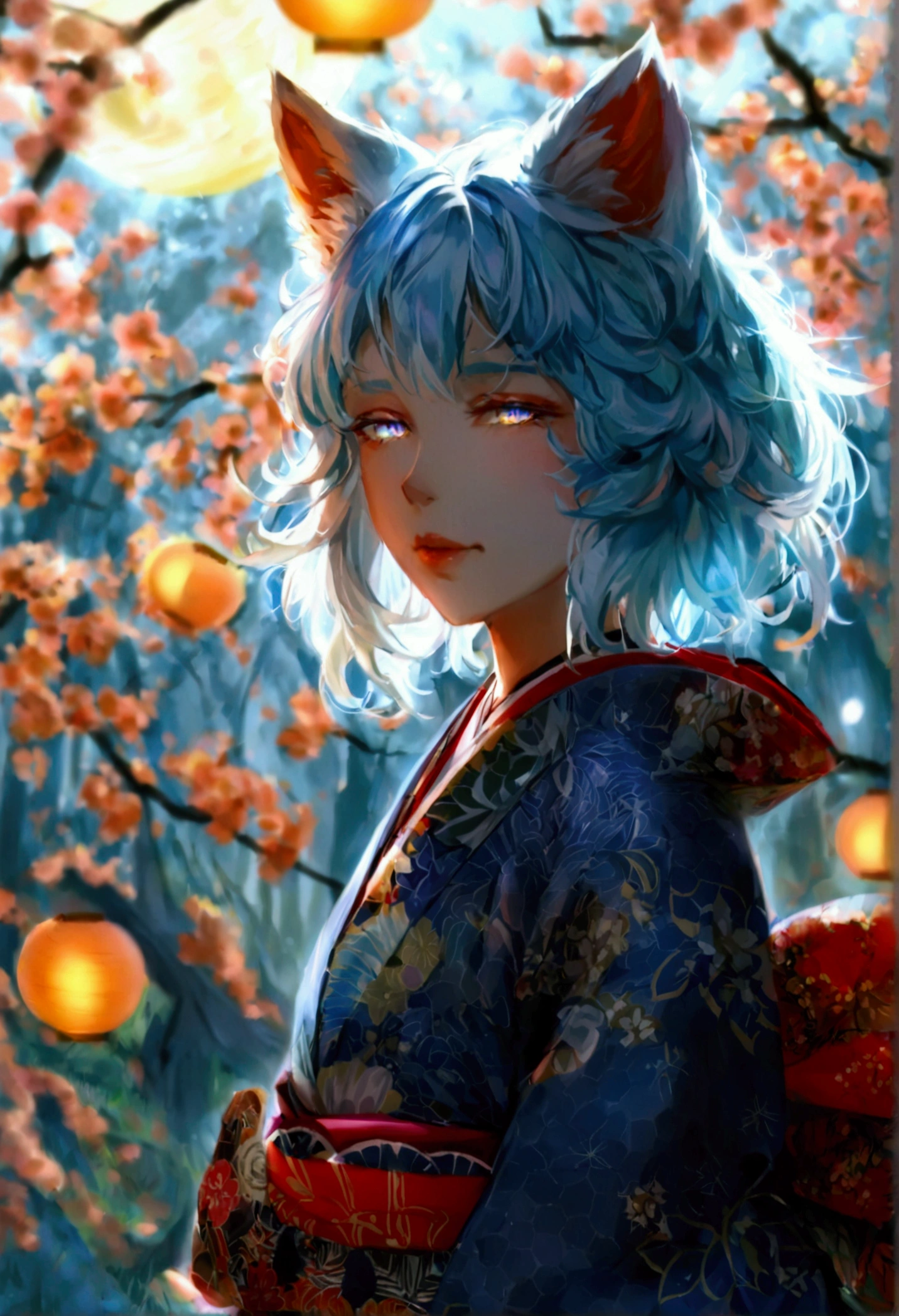 fox Light blue hair beast girl indigo fur fox beast girl fox Light blue hair beast girl indigo fur fox beast girl Wallpaper 4k,8k,highly detailled,,vivid colors,detailed kitsune with 9 tails,traditional Japanese artwork,tatami floor,beautiful cherry blossoms,floating lanterns,dark silhouette of a pagoda,subtle moonlight,dense forest,ethereal atmosphere,dappled sunlight,whimsical spirit,serene expression,elaborate kimono and obi,delicate hand-painted details,luminous eyes Anime Style fox blue White-faced golden-haired nine-tailed fox Coat blue woman fox Light blue hair beast girl indigo fur fox beast girl Anime Style fox blue White-faced golden-haired nine-tailed fox Coat blue woman mysterious background Blue Flame girl have a ball of light fox Light blue hair beast girl indigo fur fox beast girl mysterious background Blue Flame girl have a ball of light Anime Style fox blue White-faced golden-haired nine-tailed fox Coat blue mysterious background Blue Flame girl have a ball of light woman