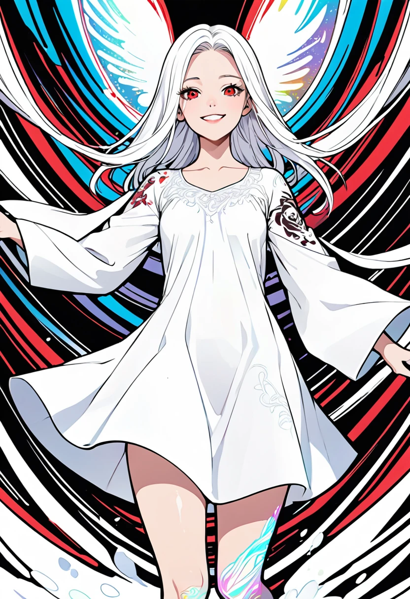 line art, iridescent white light effect, 2.5D, delicate and dynamic, pure white world, cute white Medusa girl, captivating smile, loose dress, thin flat body line, skipping happily, covered in tattoos, background white, white temple, white grounds, manga-style images, shading, contrast magic effects, BREAK attractive red eyes