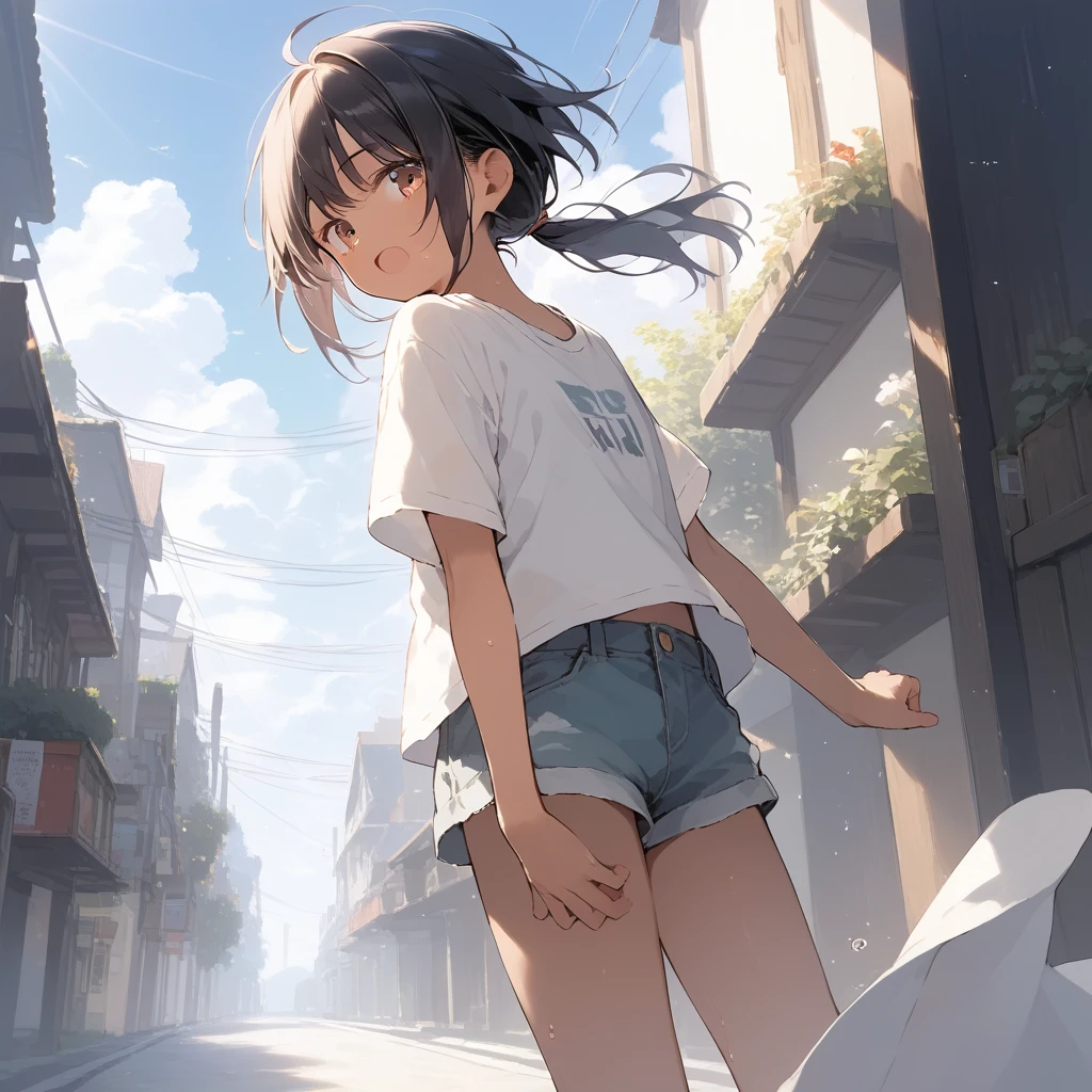 score_9, score_8_up, score_7_up, source_anime, best quality, masterpiece, official art, absurdres, highres, ultra-detailed,waifu2x,Collection: Slice of Life,break,1girl, tomboy, dark-skinned female, short hair, low ponytail, flat chest, beautiful detailed eyes, shorts, sweat, open mouth, (yawn:0.3), sleepily, outdoors, wind,break,(clear line illustration:1.2), super detailed skin,very high resolution, very aesthetic, Best sexual lighting powered by famous artist, 8k,cute picture,beauty illustration,photoshop_(medium),,(Detailed Lighting),best anime 8k konachan wallpaper, pixiv contest winner,