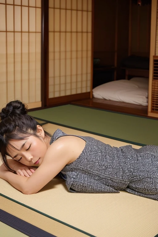 Japanese Beauty、Brown Hair、Pitch-Dark Room、Japanese-style room、Yukata at a Ryokan、barefoot、White panties、Yukata comes off、Sleeping on your back、Spread your legs