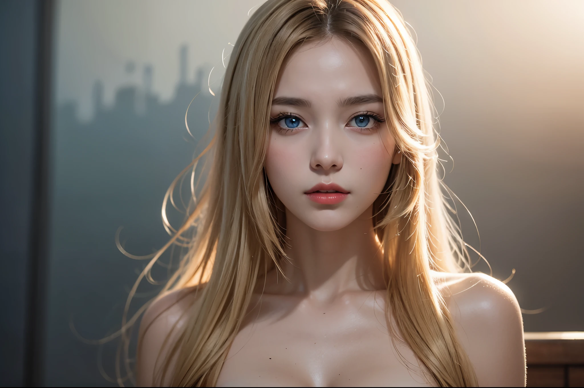 (Best quality,8k,high resolution,masterpiece:1.2)，Digital Artwork，A girl，Delicate face，Delicate eyes，Mi blonde hair，Long straight hair，shiny blue eyes，Red lips，particle，dust，Warm colors，shy，in love，Eevee drawing，Men&#39;s white collar shirt，necklace，Pretty Face，Large Breasts，more than_Body，Tyndall effect，lifelike，Dark Studio，(HD Skin:1.2)，8k Ultra HD，Soft Light，high quality，Edge lighting，Two-color lighting，Volumetric Lighting，frank，Professional photography，超high resolution，8k，Bokeh，Shallow depth of field，Film photos