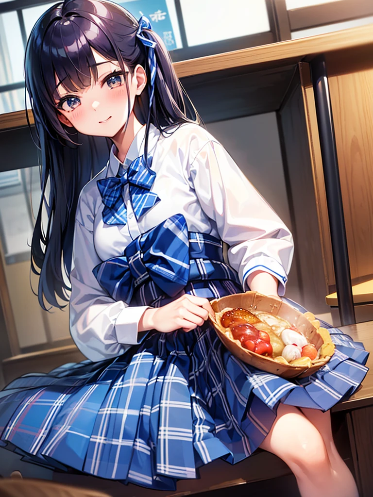 (He'He is wearing a blue checked bow tie and leaning forward.., hi-school girl, School Ribbon, Cute , School Girl, Japan , ポーズをとるhi-school girl, a japanese girl, Hi-school girl outfit, Japanese Models, wearing japanese , blue plaid )skirt 4K