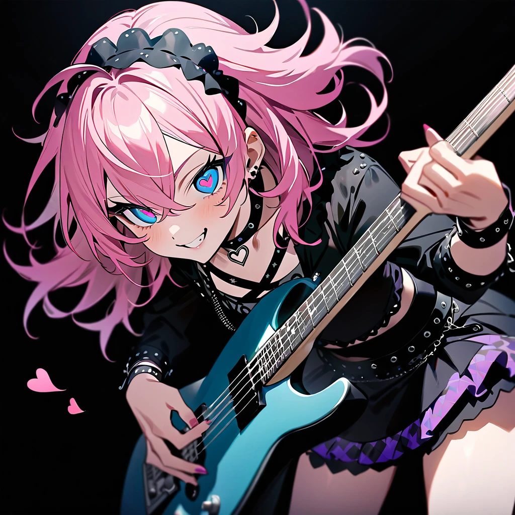 (((masterpiece,Highest quality))),(((A beautiful male anime character in drag with short pink hair and blue eyes wearing a punk lolita style visual kei outfit, holding a guitar))),((Standing behind a keyboard and holding a guitar)),(((Looking at me with a teasing smile,Heart mark in the eyes))),(((Black Background))),Focus on the whole body,(high quality),アニメ