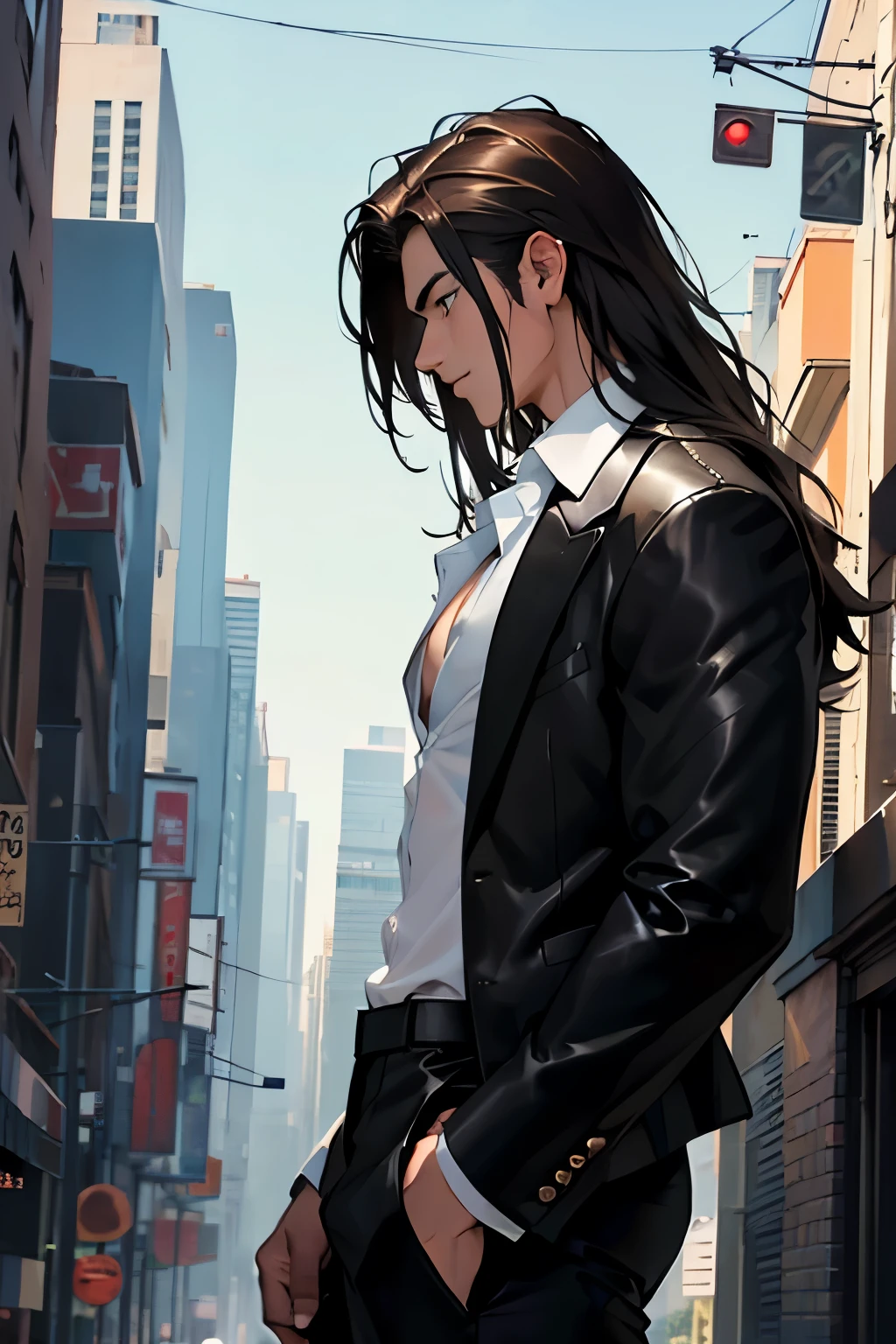 1male, dude, young adult, 25yr, city background, cold stare, dead eyes, masterpiece, best quality, highly detailed,((suit, black jacket, black pants, black suit, white shirt, tight white shirt, business suit, unbuttoned shirt)), ((leather boots, militaristic boots, black boots)), long hair, brown hair, ((upper body:1.5)), ((side view:1.2))