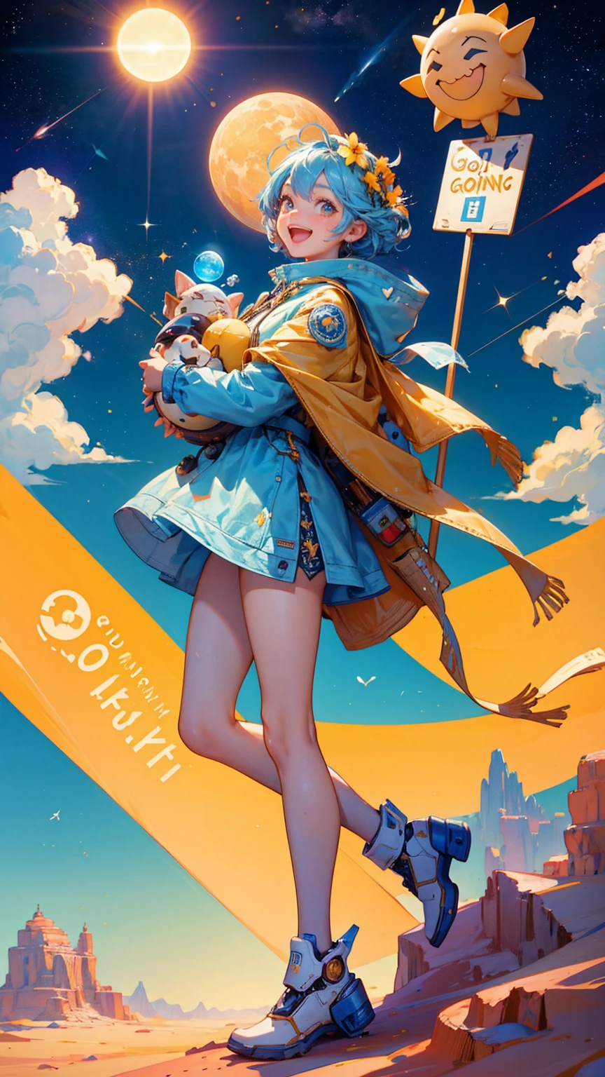 A cute girl with smiley happy open mouth face, text "GOOD good morning" on its body and various carrying signs that say words like Earth, , animal, sun, wind, water, robot, sky, flower, mountain, cave, space, and star, features desert-like terrain with small mountains