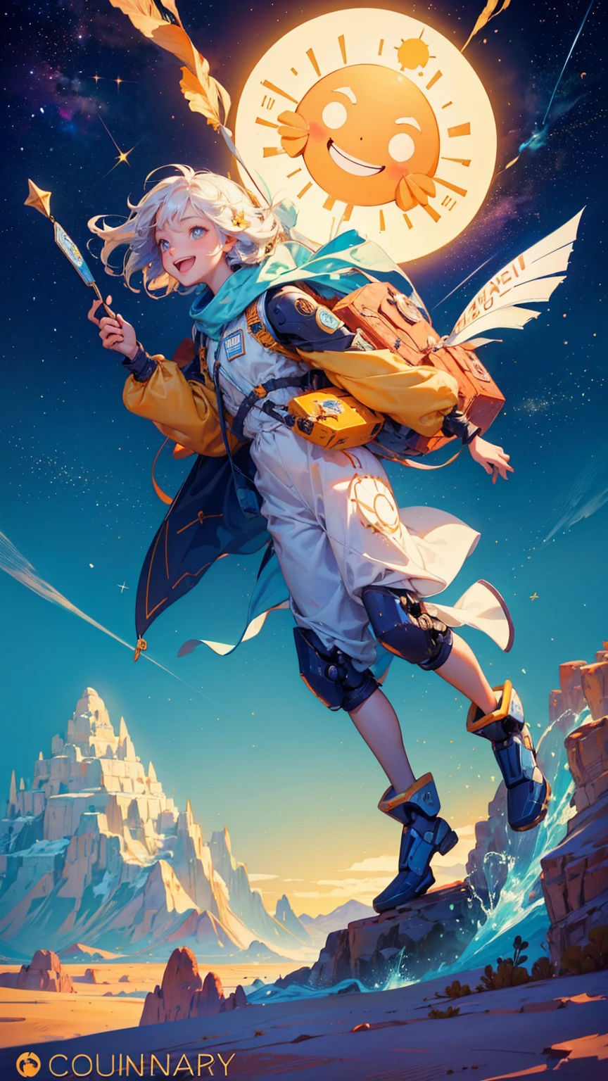 A cute girl with smiley happy open mouth face, text "GOOD good morning" on its body and various carrying signs that say words like Earth, , animal, sun, wind, water, robot, sky, flower, mountain, cave, space, and star, features desert-like terrain with small mountains