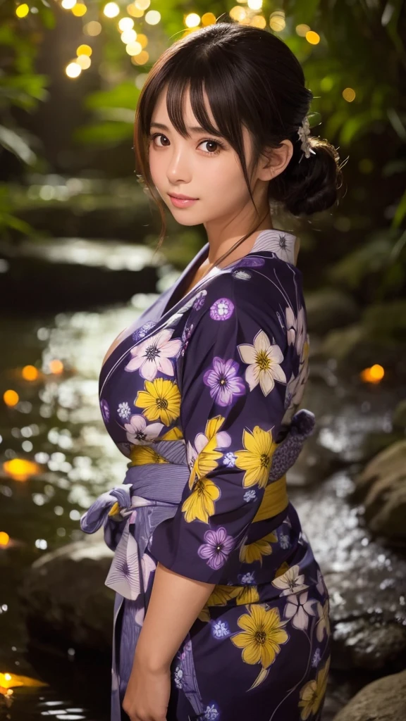 A beautiful woman watching fireflies by a stream at night,Nahida_Genshin Impact, Cross-shaped pupil,yukata,Big Breasts