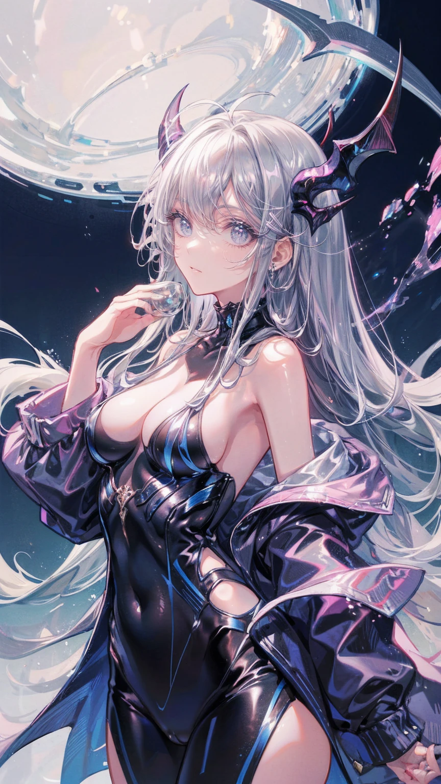 Night World, Perfect female body, 1 girl, 20-year-old, Long white hair, Gray and silver hair, Huge ahoge, ^ ^, Small breasts, Light Skin, Larger clothes,Fantasy,devil