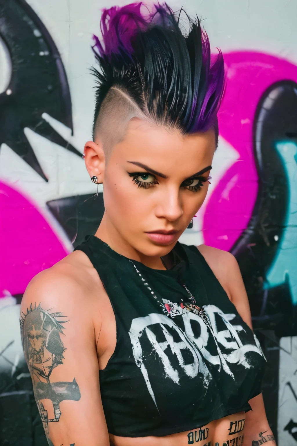 Photorealistic, ultra-detailed, ((Rocker punk girl, spiky mohawk hair)) girl, hot Body Brazilian Girl V.IT:1.4, ABS, tattoo, t-shirt nipples, t-shirt write "666".portrait photo, grunge, side viewer, Solo, dimly lit room, edgy urban scene with graffiti, dark and moody, late evening, city lights flashing, neon lighting The essence of rock and roll, Spike hair, 18 years old, assertive, confident expression, showcasing multiple piercings, blurry background, Crystal clear eyes gleaming with passion, analogue style, grunge texture, Best contrast, industrial, Instagram LUT, Professional, 4k, electrifying gaze, shot on Nikon, 50mm, shallow depth of field, ((Abandoned Graffiti Wall Background, cinematic lighting )).