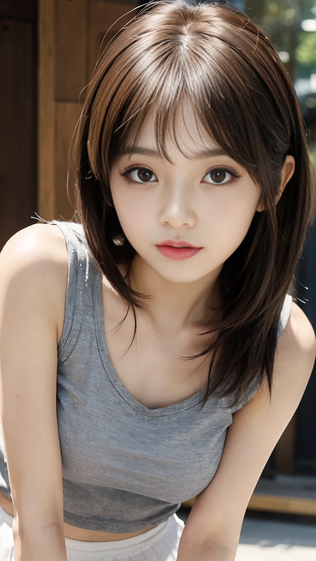 Generates a close-up image of a cute Japanese girl gazing at you with a seductive look。She is wearing a sleeveless top and a tight mini skirt.、like々Enhances the stylish look.。Hair is a trendy color(for example, Light brown or blonde)Dyed、It's a loose and playful wave..。In the background、The painting depicts a vibrant urban landscape characterised by soft, blurred and colourful light..、Highlight her features。The makeup is perfect、In line with the latest trends.、To bring out her charm、Special focus on eyes and lips.。have confidence、She has a slightly mysterious look、It's full of charm and fun.。The sleeveless top and mini skirt suited her perfectly..、Showing off her curves and fashionable style、Keep the look modern and attractive。