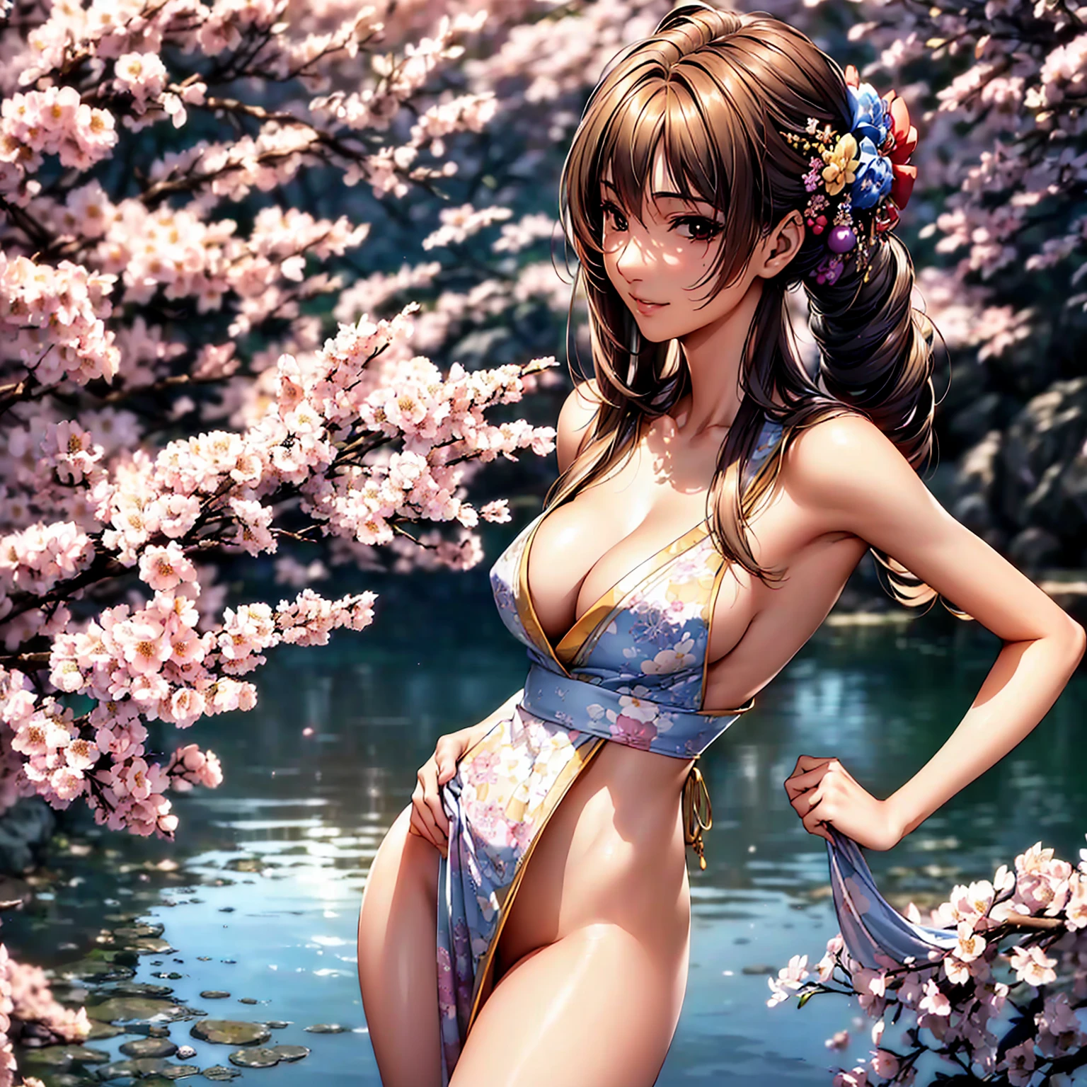 (((Highest quality、masterpiece、Very high resolution、Highly detailed images))),Beauty Painting,(A woman of perfect and ultimate beauty:18-year-old, Beautiful body:Slender and beautiful breasts、Beautiful Face:smile、Beautiful Hair:Colored)、(Best skin and hair texture、Realistic texture:1.5)、((Beautiful Japanese Kimono:Floral:Exposed shoulders)),Beautiful waterfront:Cherry blossoms and waterfall,Natural light,Beautiful views,Beautiful colors,Beautiful posture,(Beautiful posture:1.5)、Model pose、Sculpture Pose、Photo engraving、photo shoot、Overall image、Accurate Images、Accurate anatomy、Perfect Image,Beautiful images,(Best Shot,RAW Photos:1.2),Realistic portraits,