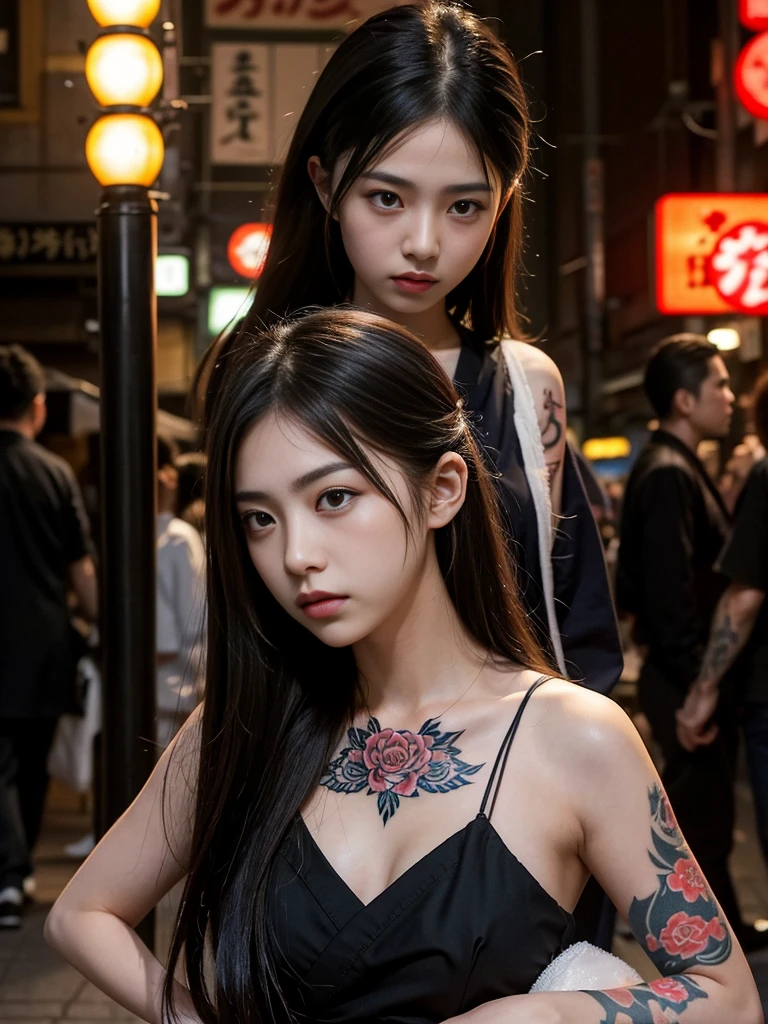 16-year-old girl Wahori skin, Yakuza, japanese mafia, Background of Tokyo Red Light District, realistic, Photoreal, masterpiece, highest quality, Movie photo of a Japan cartel gang with tattoos, spectacular lighting, japanese Yakuza tattoo, Japanese art, Japanese culture, sexy, exotic, erotic