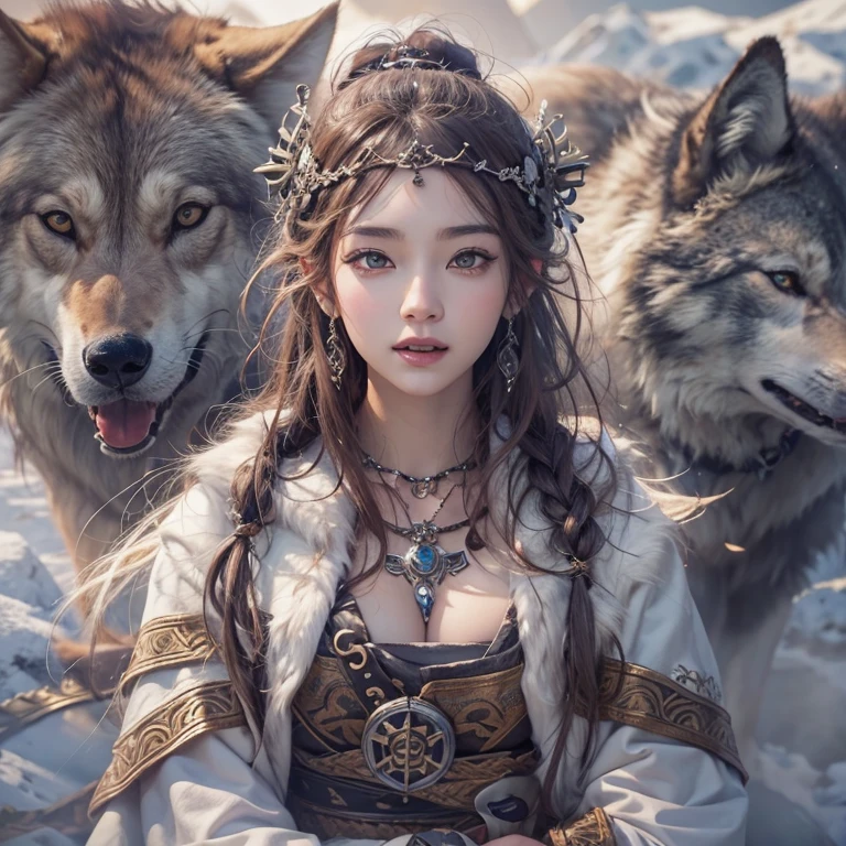 Lakeside surrounded by snowy mountains、Hair Flow、 ((Highest quality、masterpiece、8k、Best image quality、Ultra-high resolution、Award-winning works)、(Accurate anatomy:1.1)、(Look at me and smile:1.1)、Shining fair skin with Ultra-high resolution、The most detailed face、Ultra-high resolution detailed face、Ultra-high resolutionの髪の毛、(Ultra-high resolutionの煌めく瞳:1.1)、Beautiful face drawn in every detail、Ancient Viking clothing, Chest to chest, tattoo, A real wolf is by your side