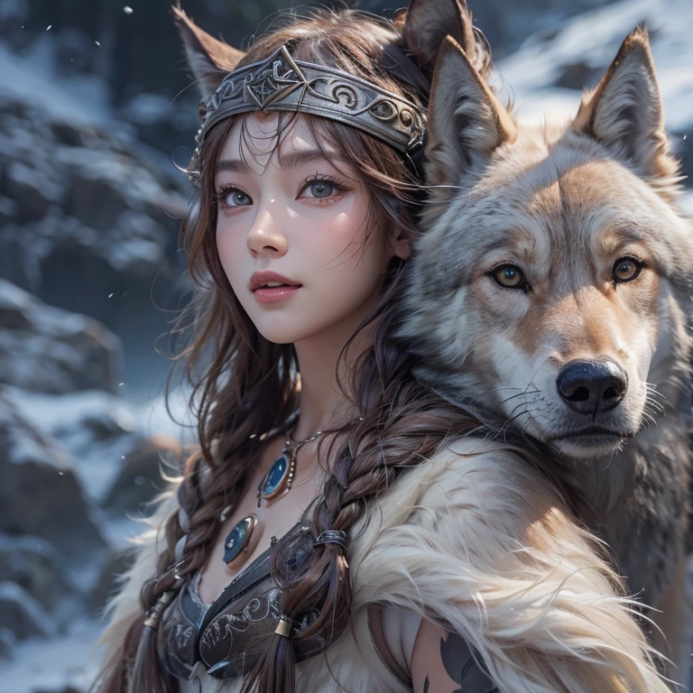 Lakeside surrounded by snowy mountains、Hair Flow、 ((Highest quality、masterpiece、8k、Best image quality、Ultra-high resolution、Award-winning works)、(Accurate anatomy:1.1)、(Look at me and smile:1.1)、Shining fair skin with Ultra-high resolution、The most detailed face、Ultra-high resolution detailed face、Ultra-high resolutionの髪の毛、(Ultra-high resolutionの煌めく瞳:1.1)、Beautiful face drawn in every detail、Ancient Viking clothing, Chest to chest, tattoo, A real wolf is by your side